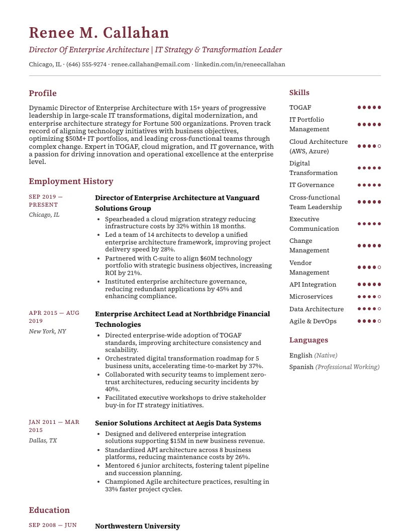 Director of Enterprise Architecture Resume Example