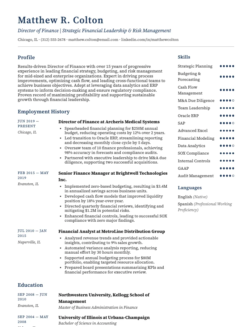 Director of Finance Resume Example