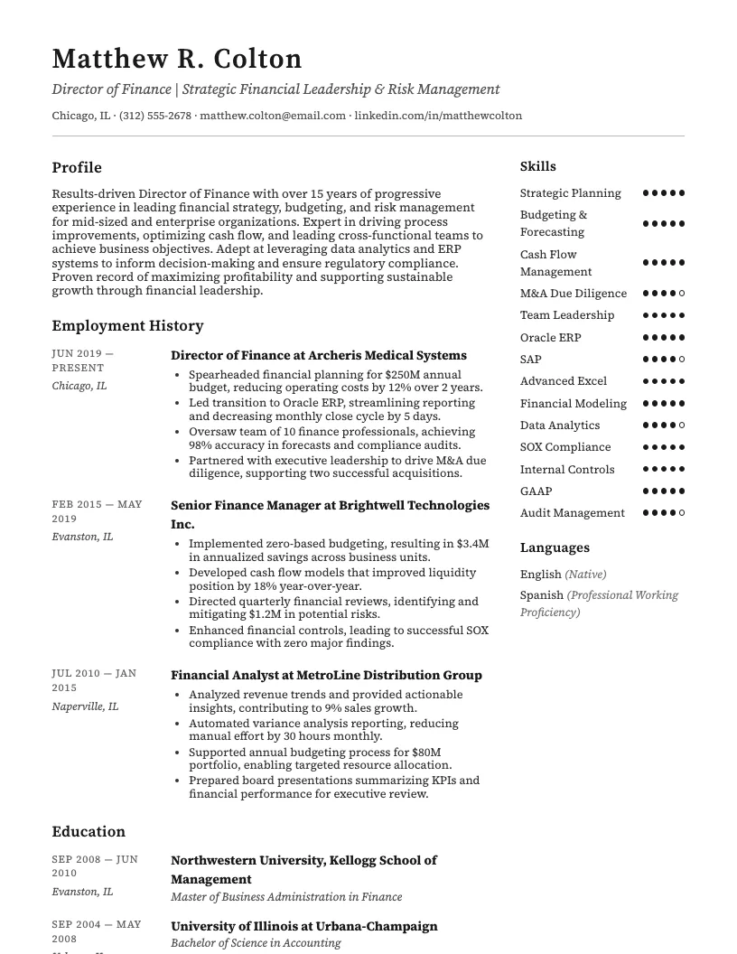 Director of Finance resume example