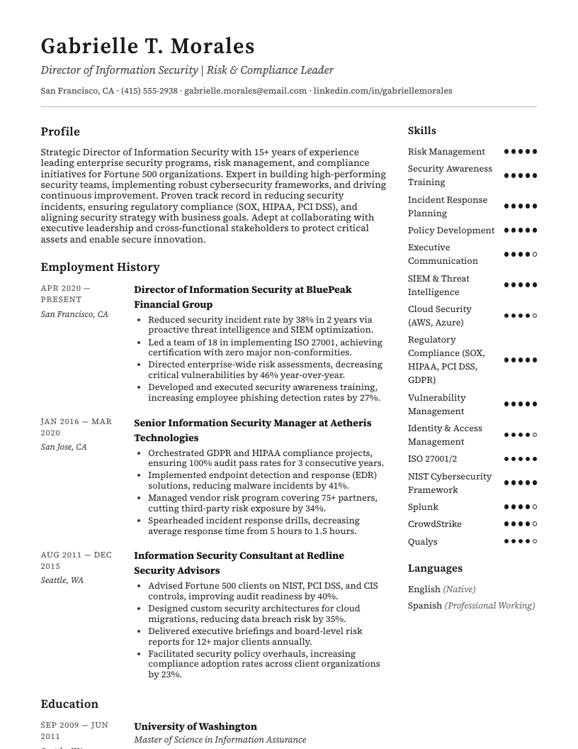 Director of Information Security Resume Example