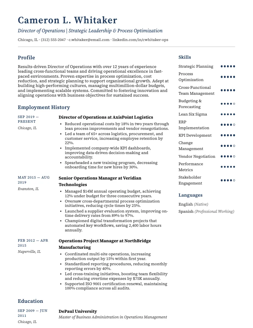 Director of Operations Resume Example