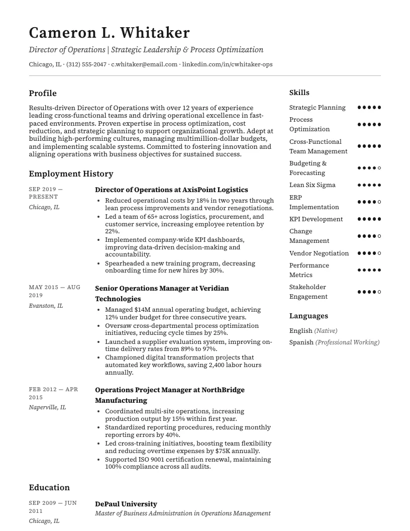 Director Of Operations Resume Example
