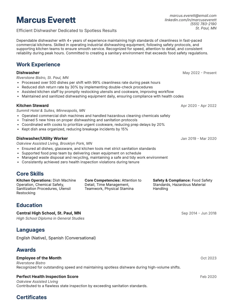 Dishwasher Resume Example