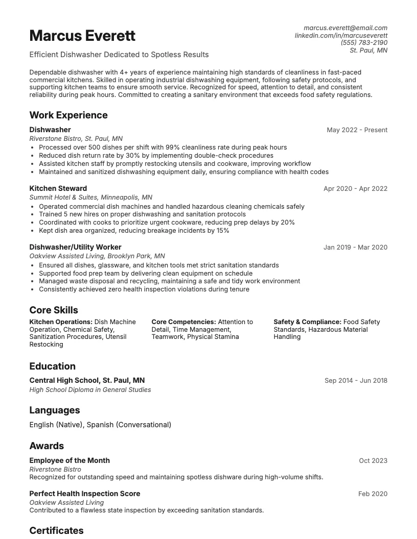 Dishwasher Resume Example