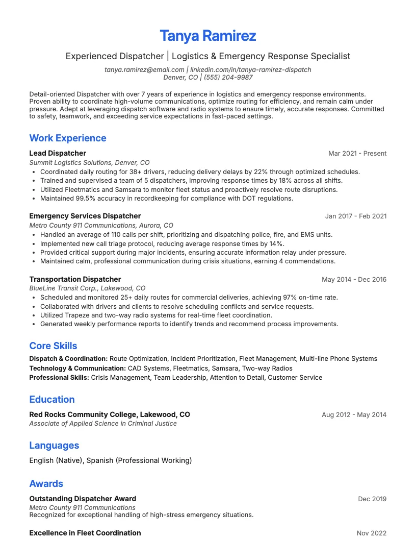 Delivery Dispatcher Resume Example