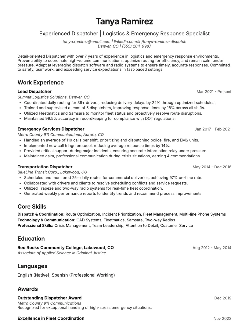Dispatcher Resume Example
