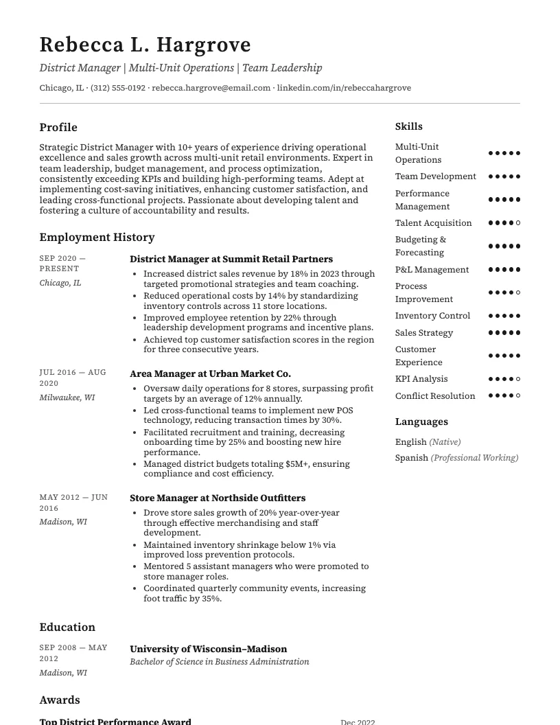 District Manager Resume Example