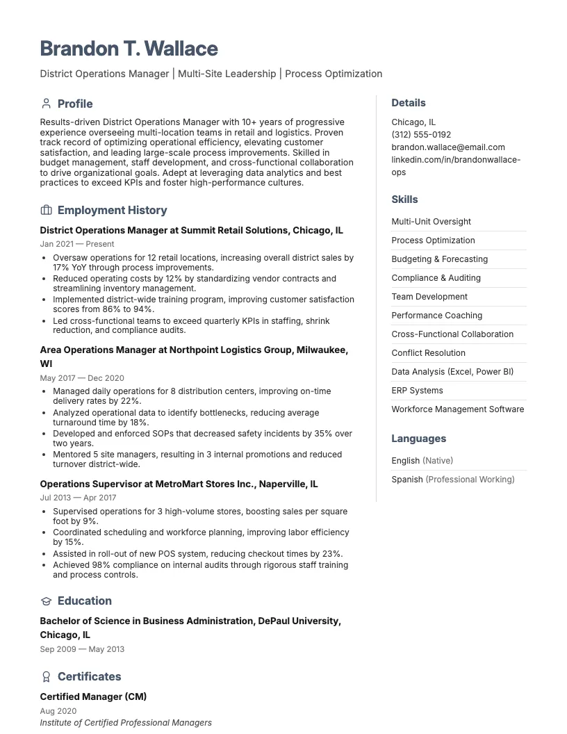 District Operations Manager Resume Example
