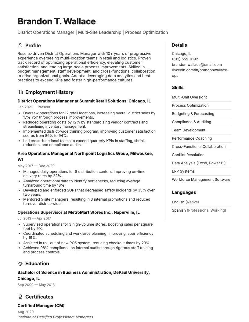 District Operations Manager Resume Example