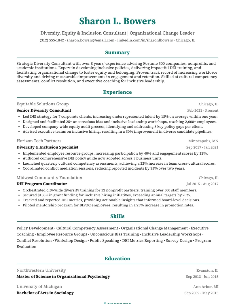 Diversity Consultant Resume Example