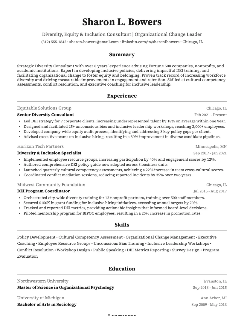 Diversity Consultant Resume Example