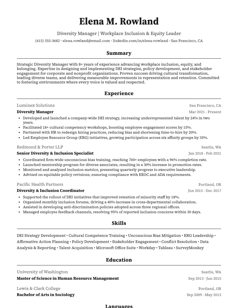 Diversity Manager Resume Example