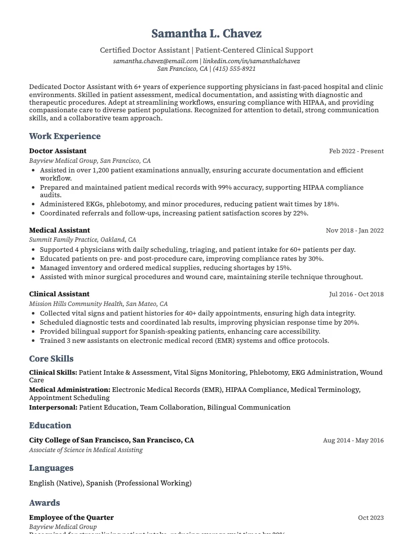 Doctor Assistant Resume Example