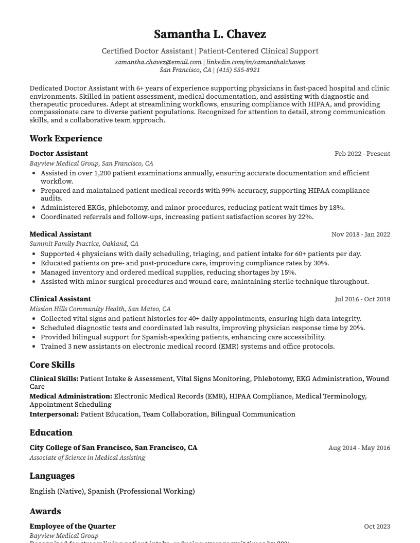 Doctor Assistant Resume Example