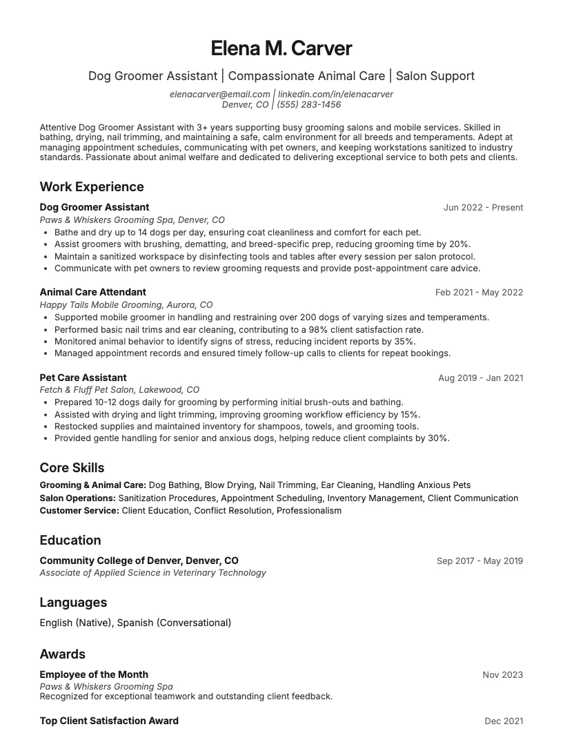 Dog Groomer Assistant Resume Example