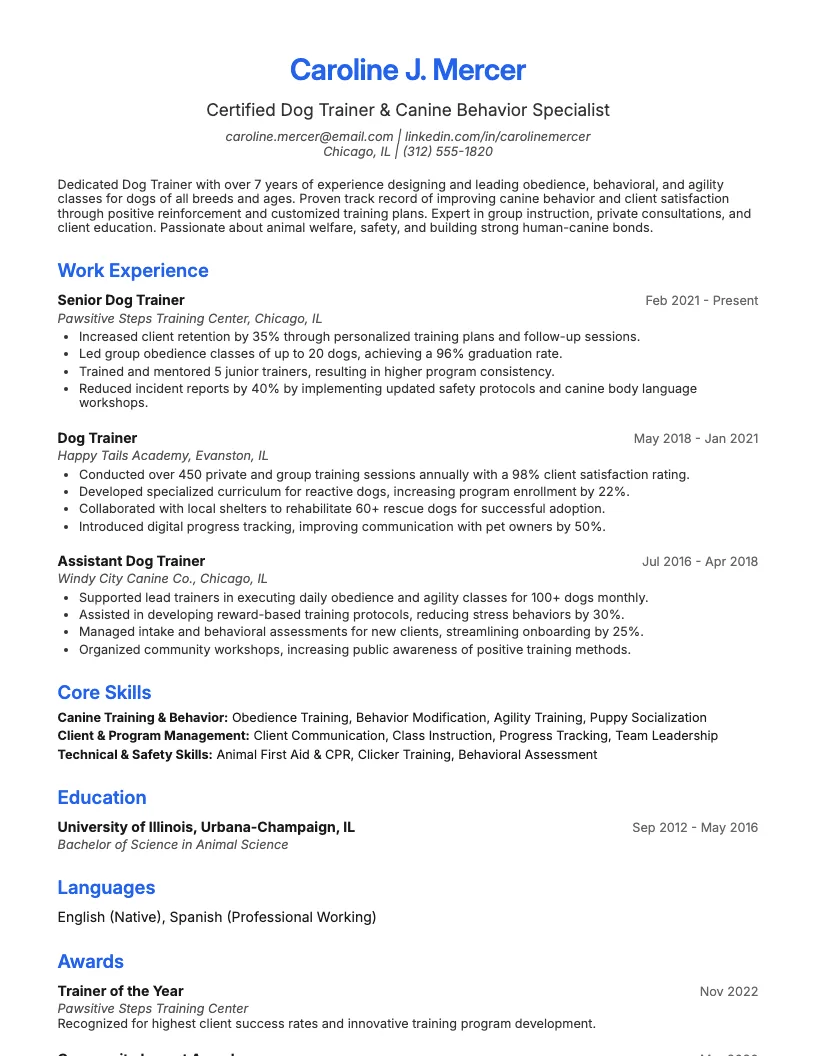 Dog Trainer Resume Example