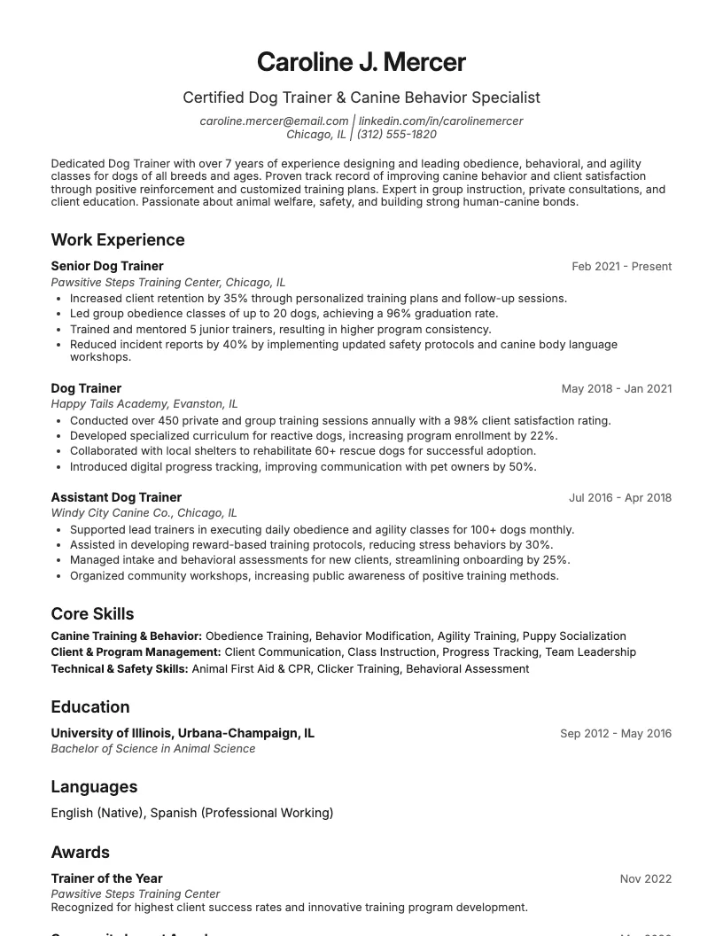 Dog Trainer Resume Example