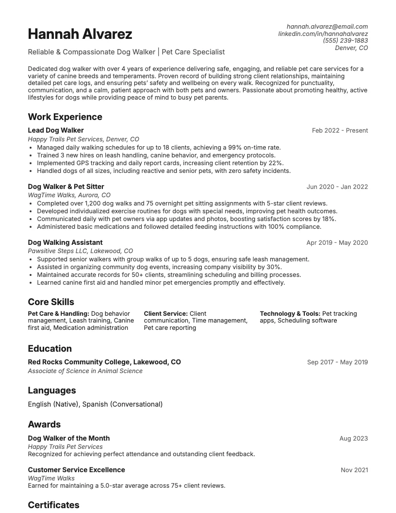 Dog Walker Resume Example