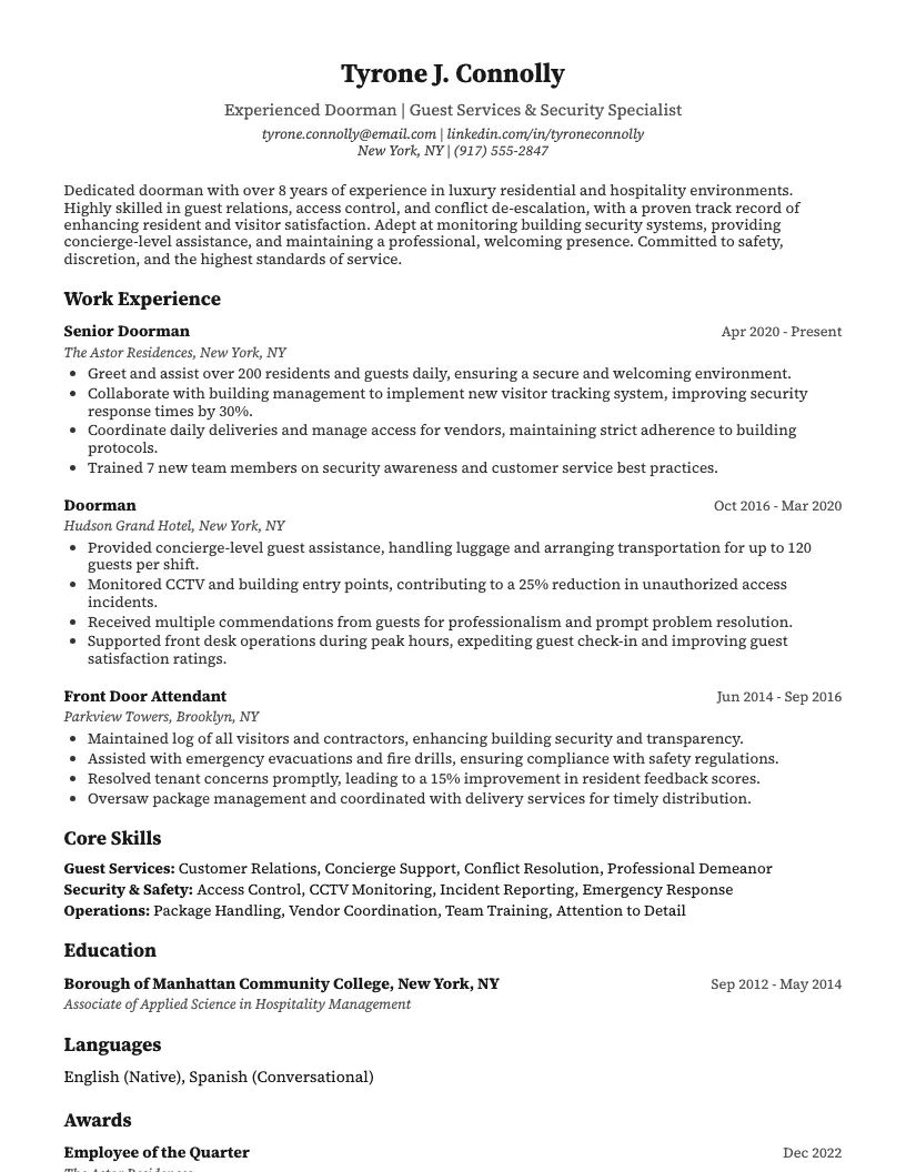 Doorman Resume Example