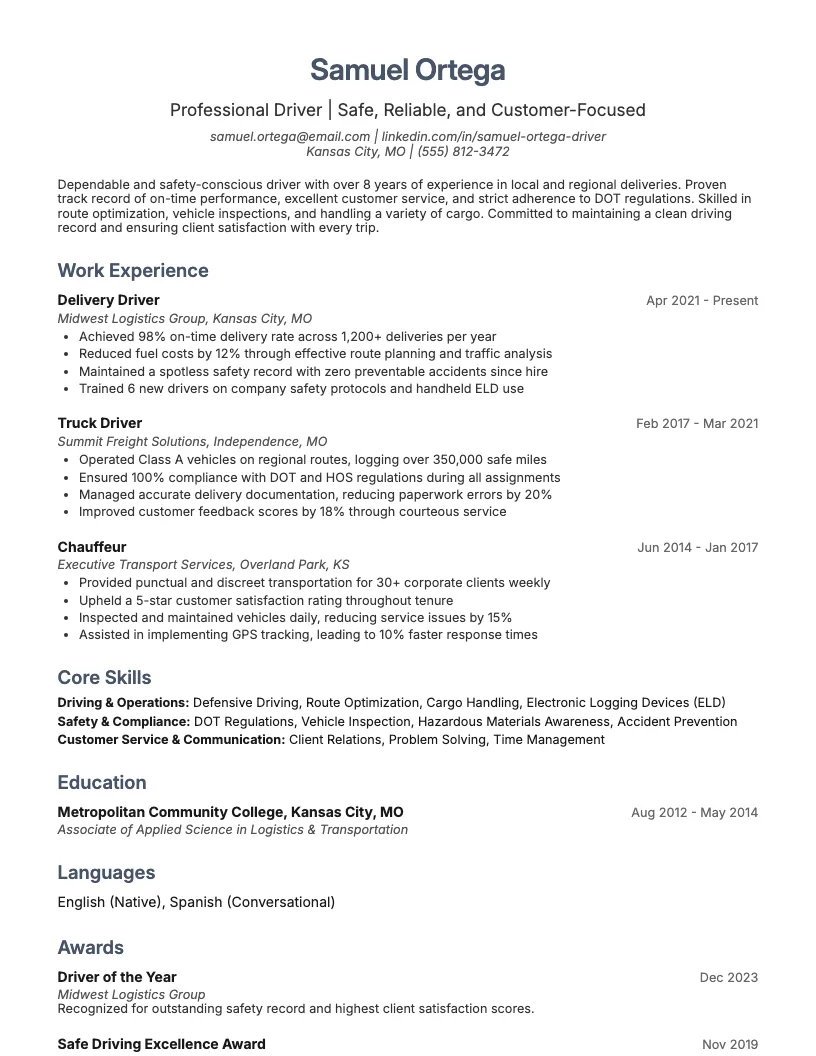 Uber Driver Resume Example