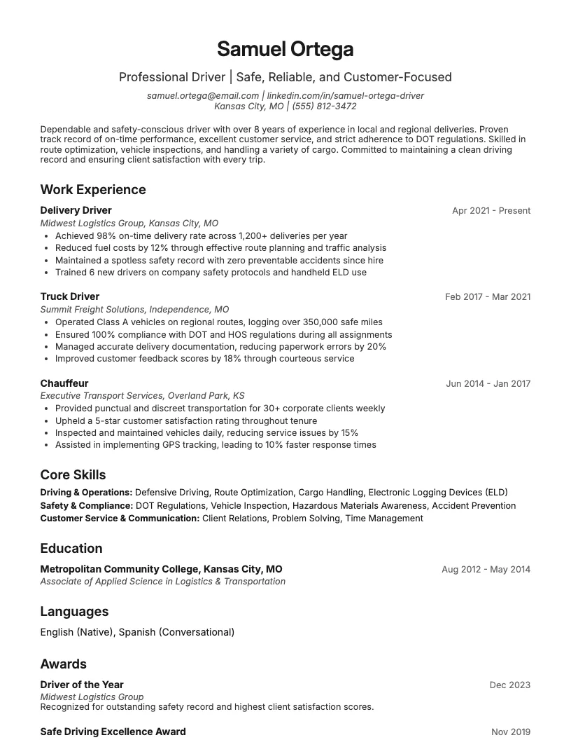 Driver resume example