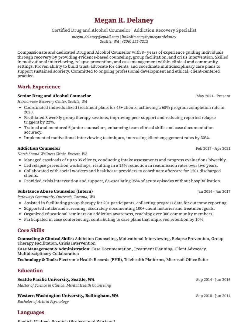 Drug and Alcohol Counselor Resume Example