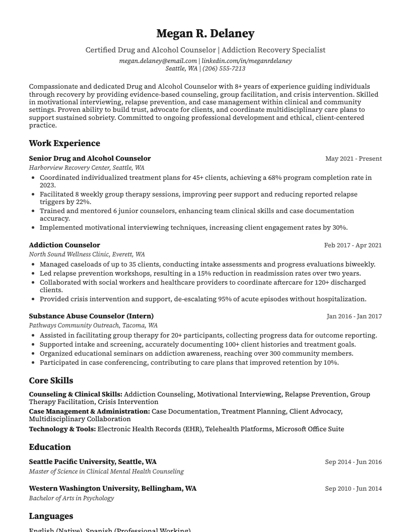 Drug And Alcohol Counselor Resume Example