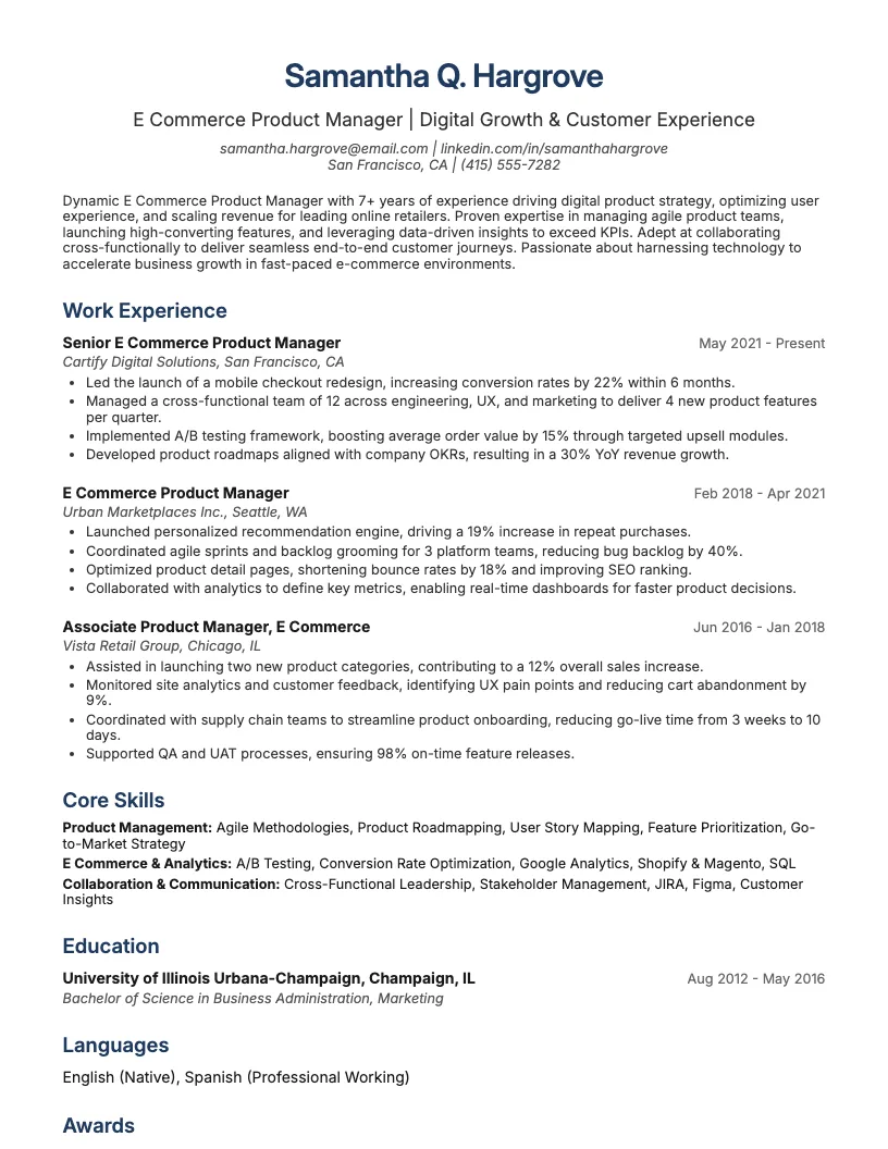 E Commerce Product Manager Resume Example
