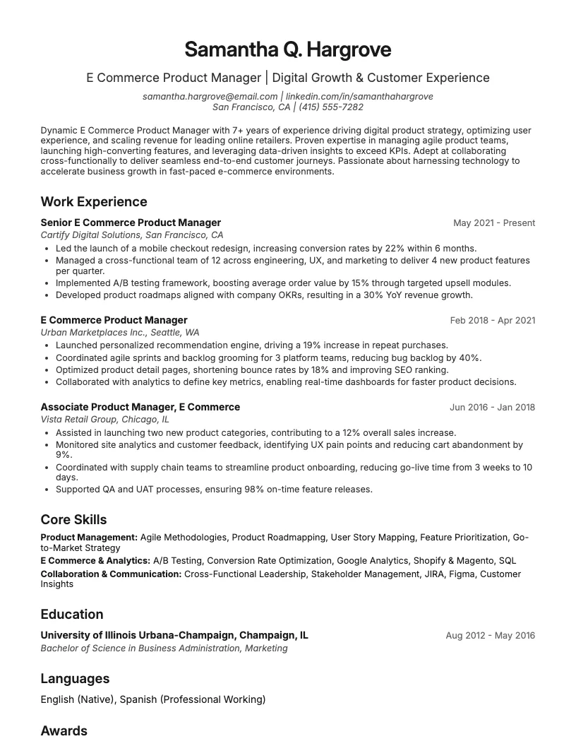 E-commerce Product Manager Resume Example