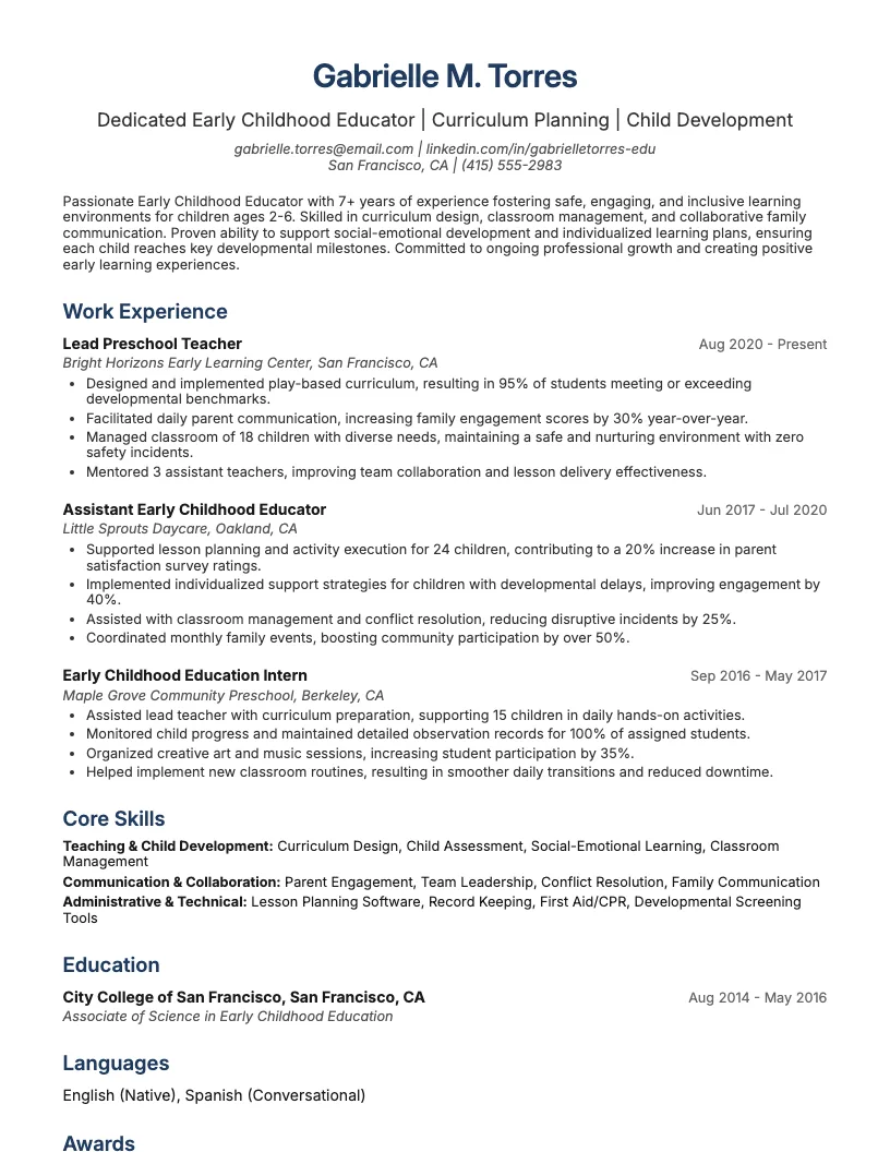 Early Childhood Educator Resume Example