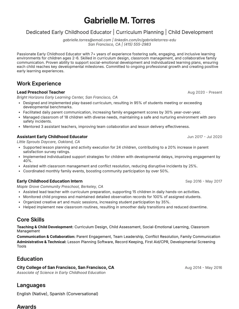 Early Childhood Educator Resume Example