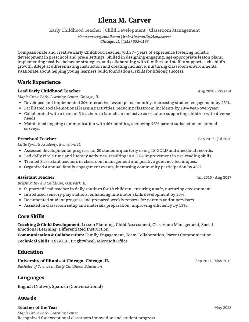 Early Childhood Teacher Resume Example
