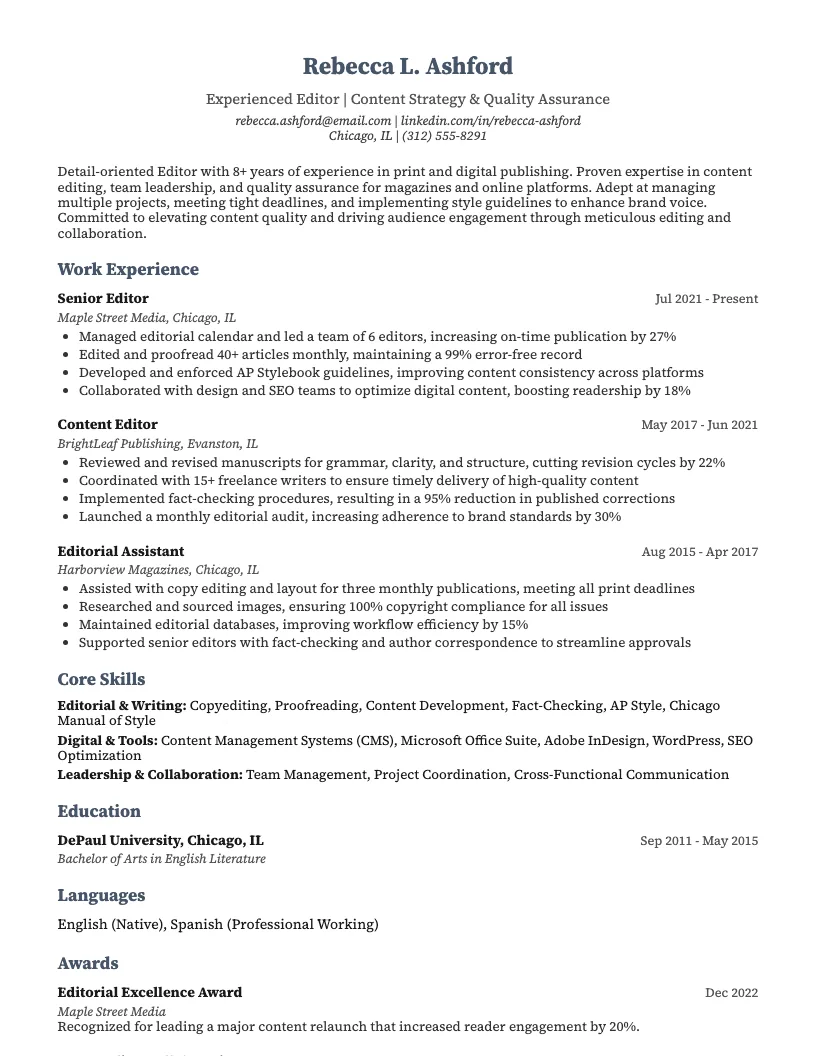 Editor Resume Example