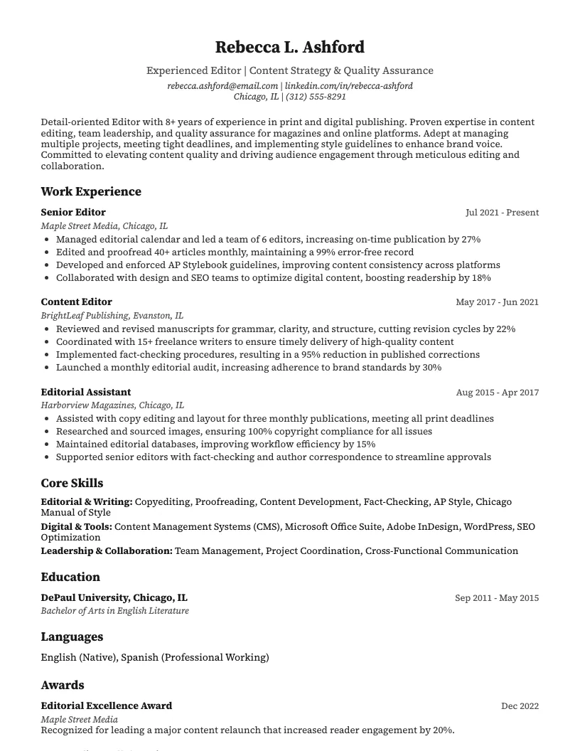 Editor Resume Example