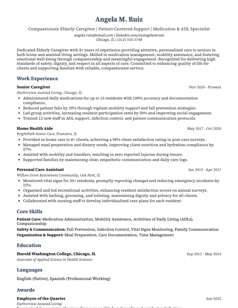 Elderly Caregiver Resume Example