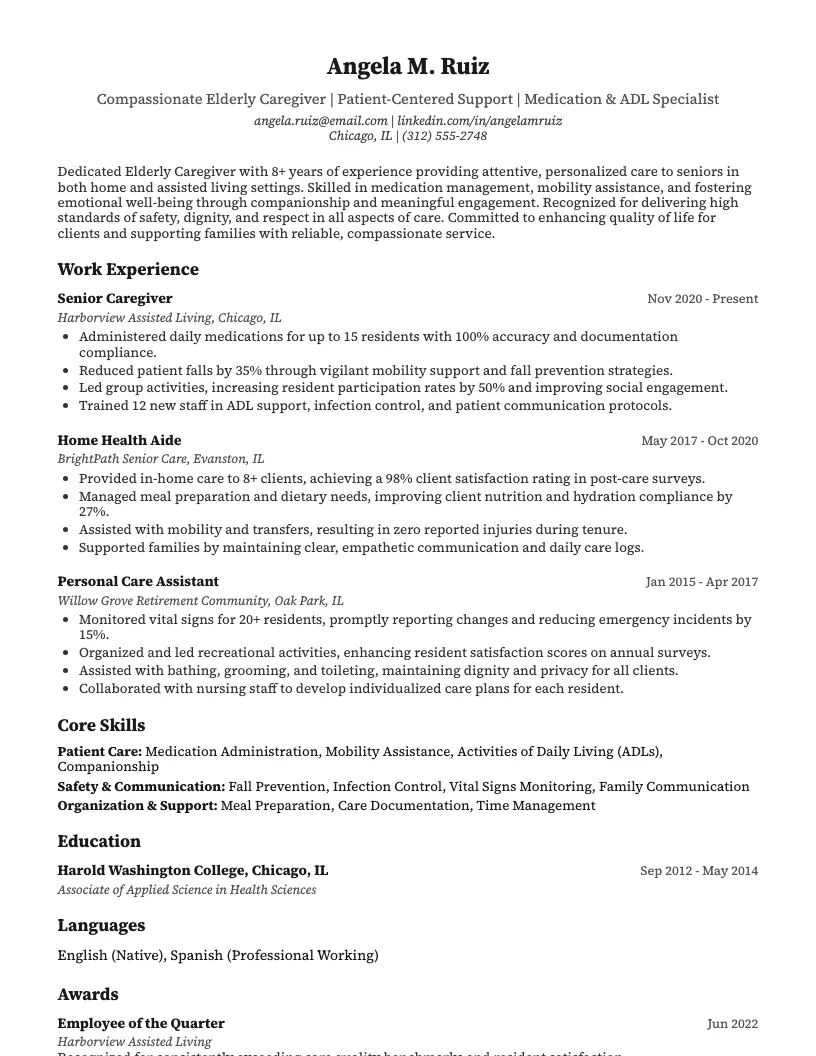 Elderly Caregiver Resume Example