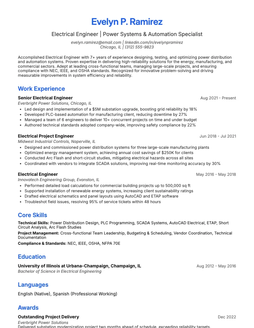 Electrical Engineer Resume Example