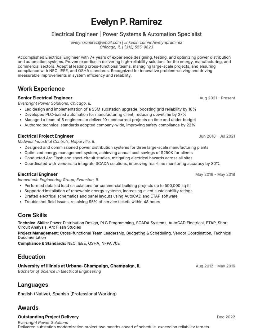 Electrical Engineer Resume Example
