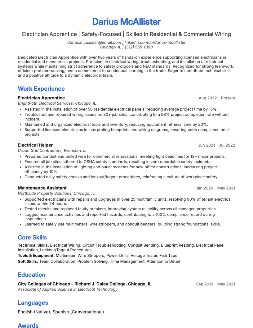 Electrician Apprentice Resume Example