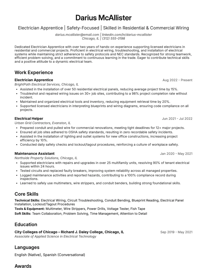 Electrician Apprentice Resume Example