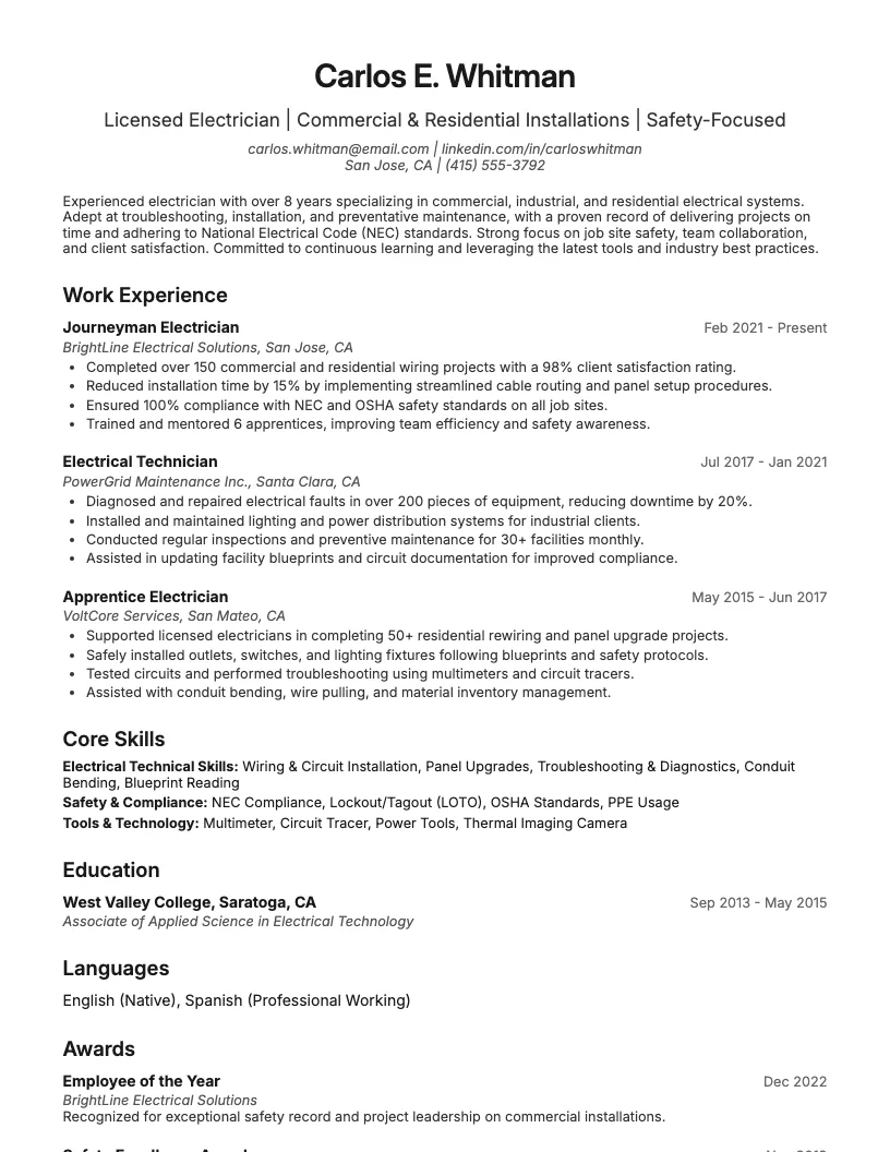 Electrician Resume Example
