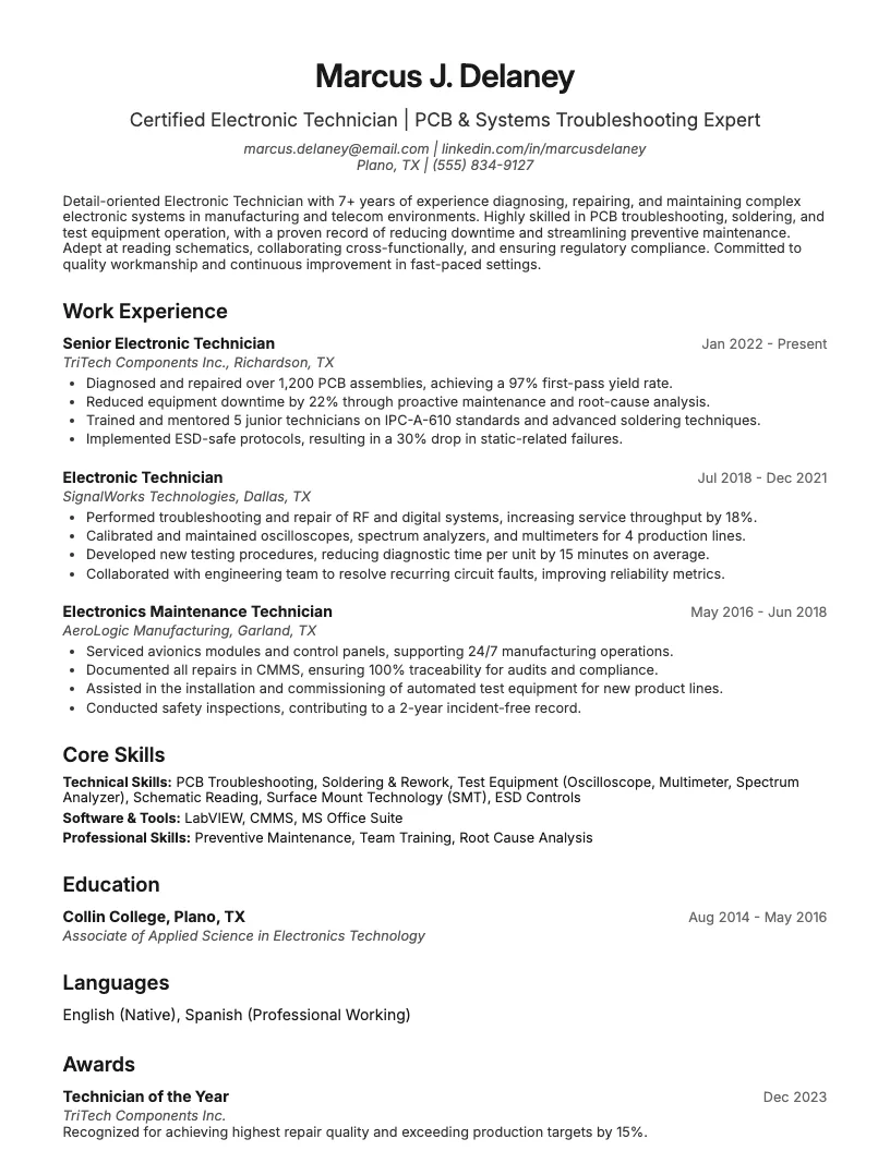 Electronic Technician Resume Example