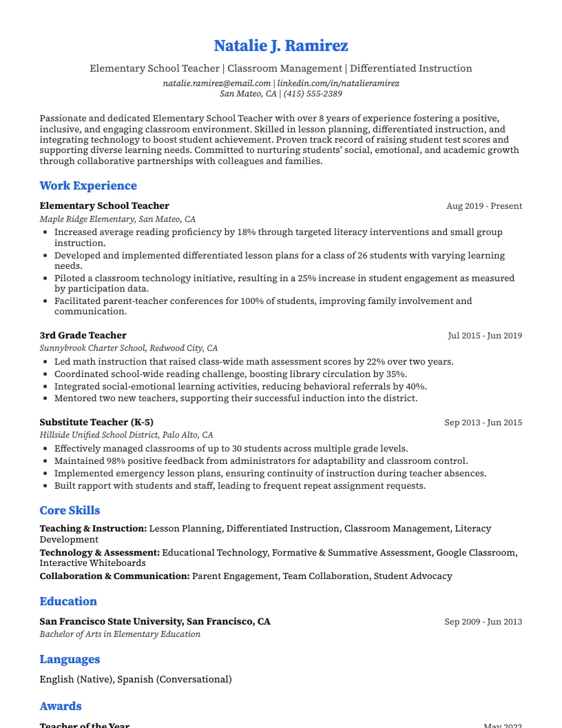 Elementary School Teacher Resume Example
