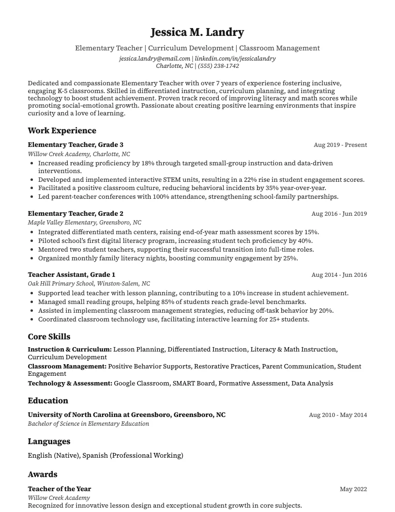 Elementary Teacher Resume Example