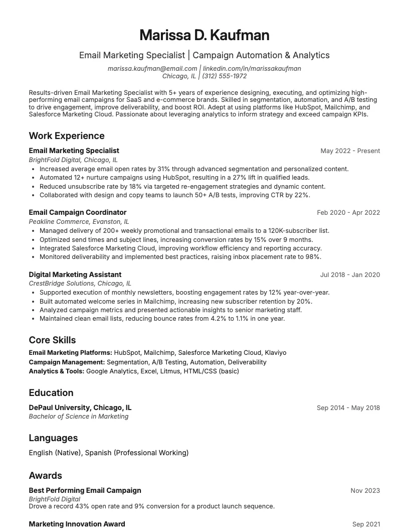 Email Marketing Specialist Resume Example