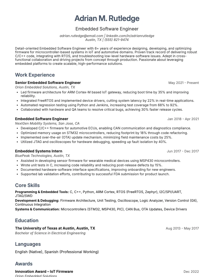Embedded Software Engineer Resume Example