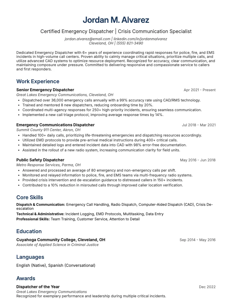 Emergency Dispatcher Resume Example