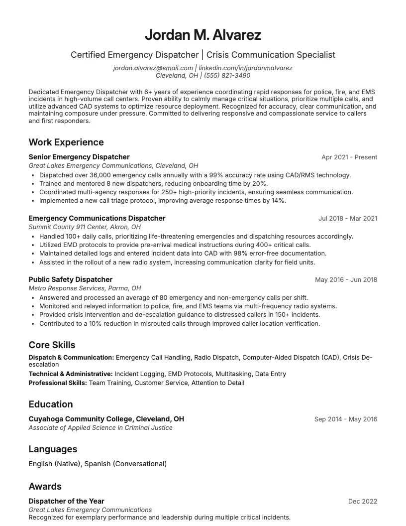Emergency Dispatcher Resume Example