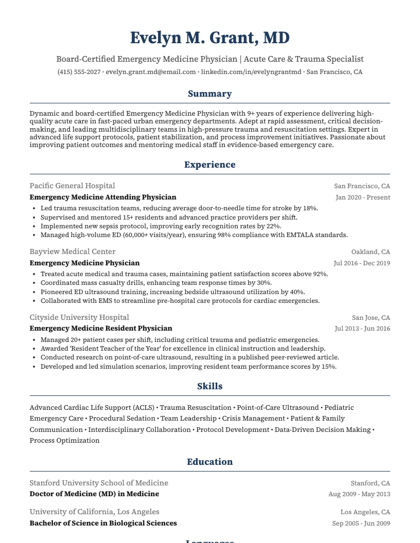 Emergency Medicine Physician Resume Example