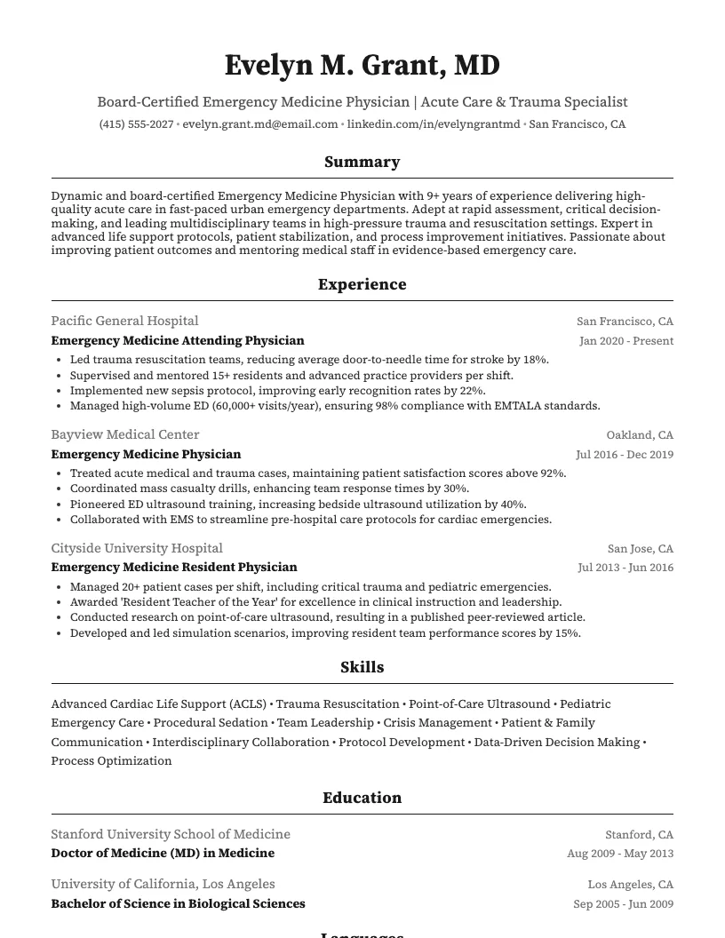 Emergency Medicine Physician Resume Example